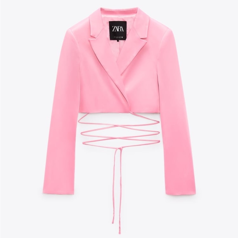 Zara Set - Pink Cropped Satin Effect Blazer & Full Length Pants - Picture 12 of 17